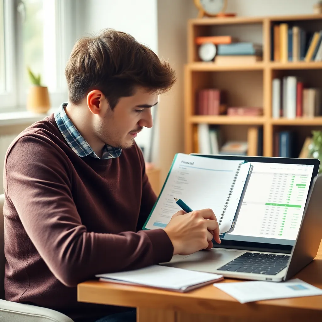 Persoon die financiële doelen noteert in agenda naast laptop