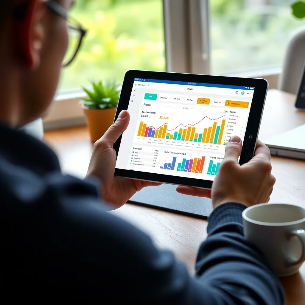 Persoon die mobiele bankieren app gebruikt voor budgetteren en uitgaven analyseren