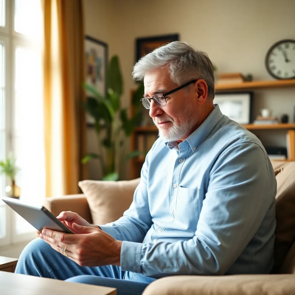Een oudere Nederlandse man die digitaal bankiert op zijn tablet in een comfortabele woonkamer