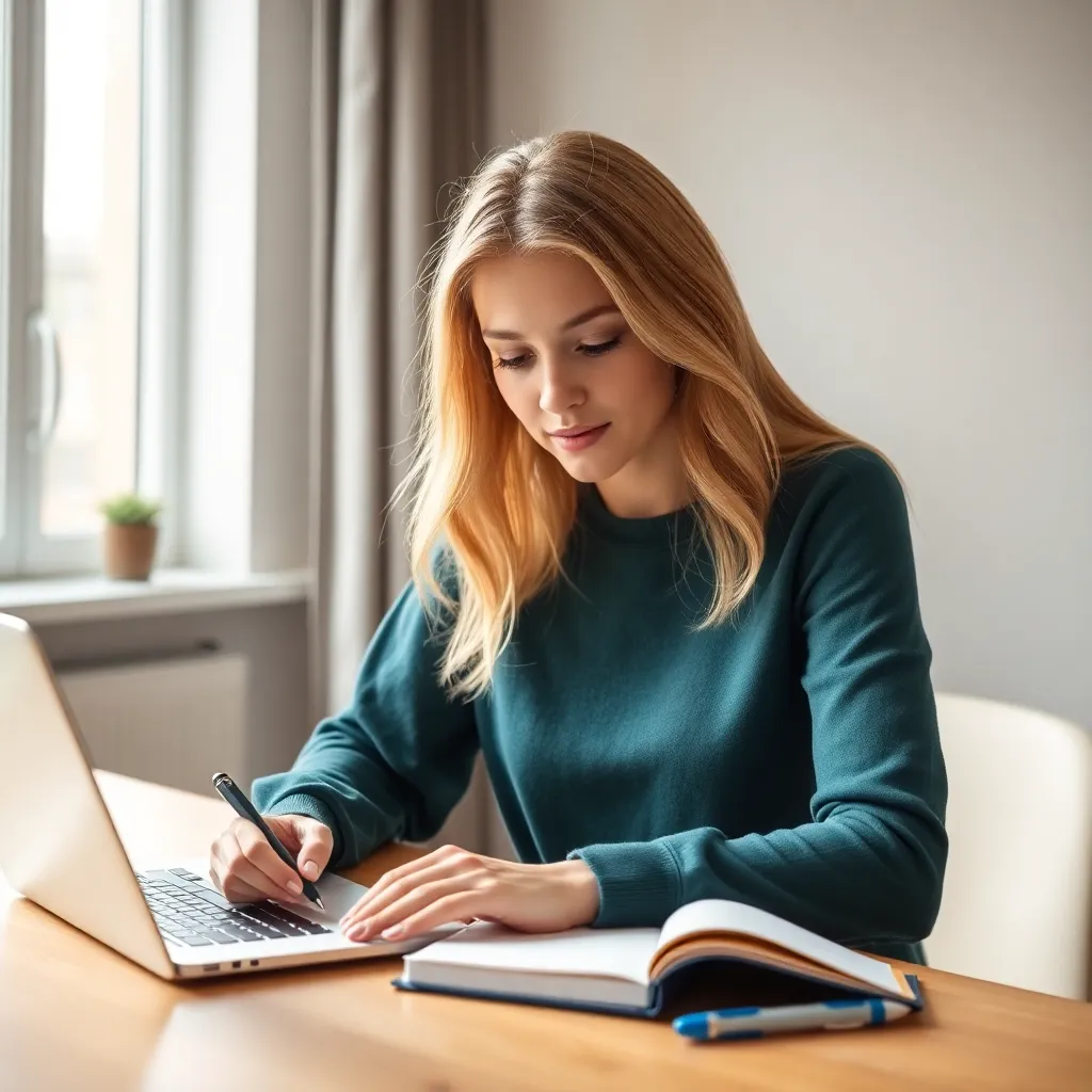 Een jonge Nederlandse vrouw die haar maandelijkse budget plant met behulp van een laptop en notitieboek